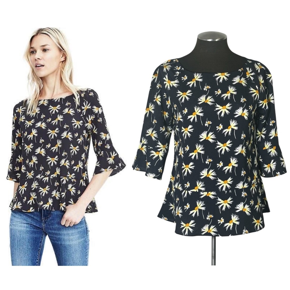 Women's Black Floral Peplum Top with Daisies